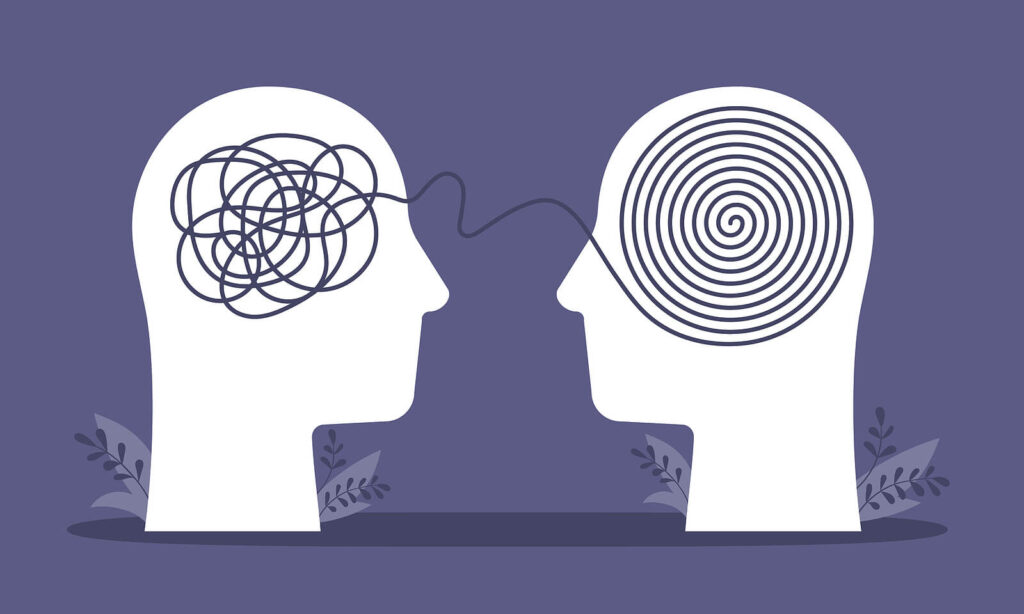 An illustration of a jumbled string untangling from one head to another. This represents how finding the right therapist in Katy, TX makes all the difference in your recovery. Get the support you deserve today.